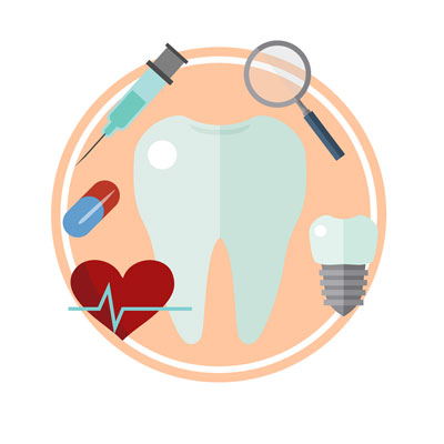 Icona di un dente circondato da icone più piccole con siringa, lente d'ingrandimento, innesto dentale, cuore e pillola